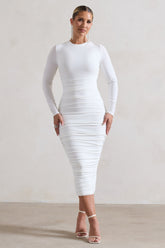 White Ruched Long-Sleeve Midi Dress